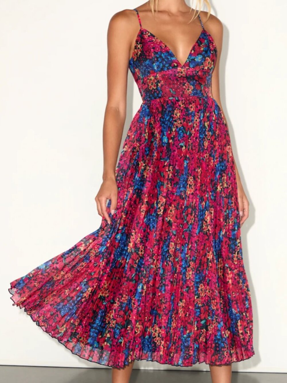 Multi Floral Pleated Midi Dress Lulus